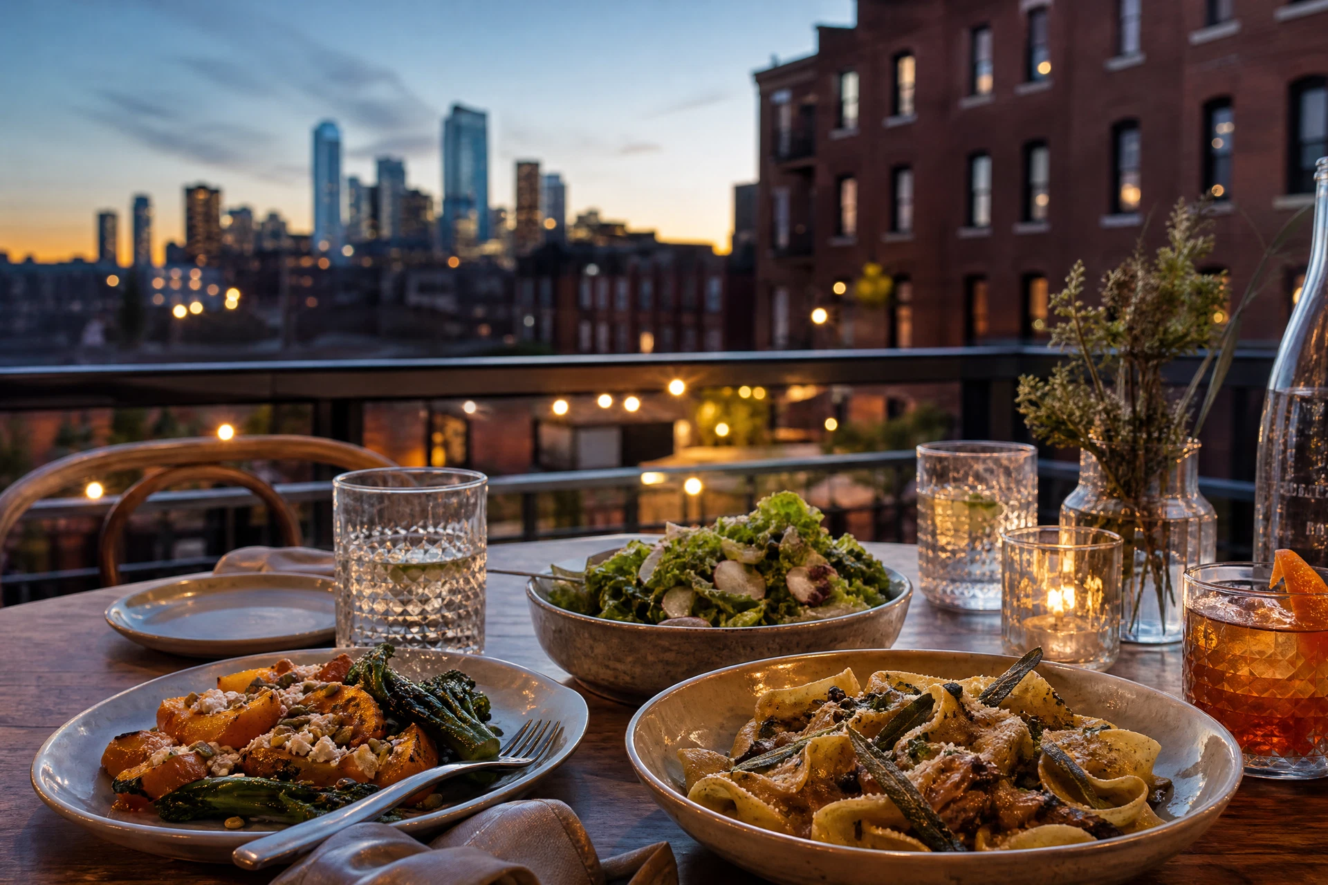 Warm Denver restaurant table at dusk