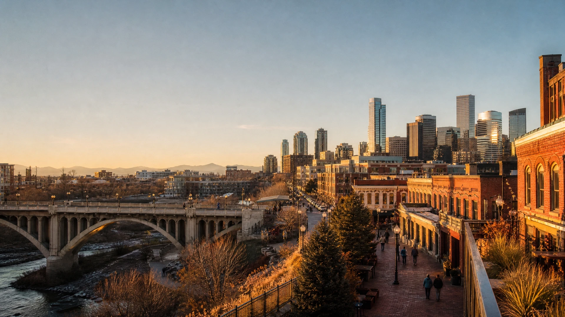 Denver skyline and Highland bridge at golden hour